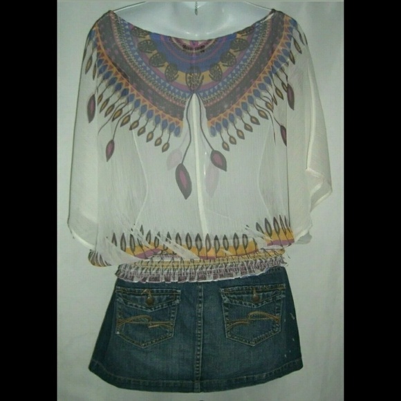 y2k Wet Seal Blouse Batwing Sleeves White Purple Bohemian Print Sheer Boho Top M - Picture 7 of 8